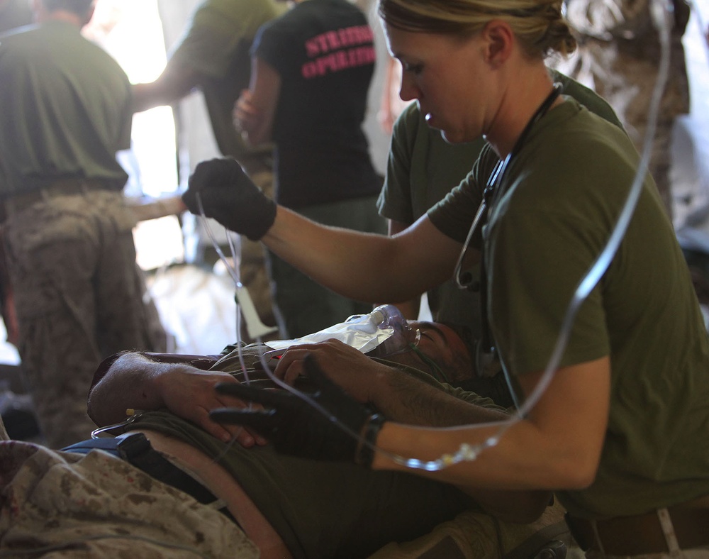 Marines and sailors with CLB-11 conduct mass casualty drill