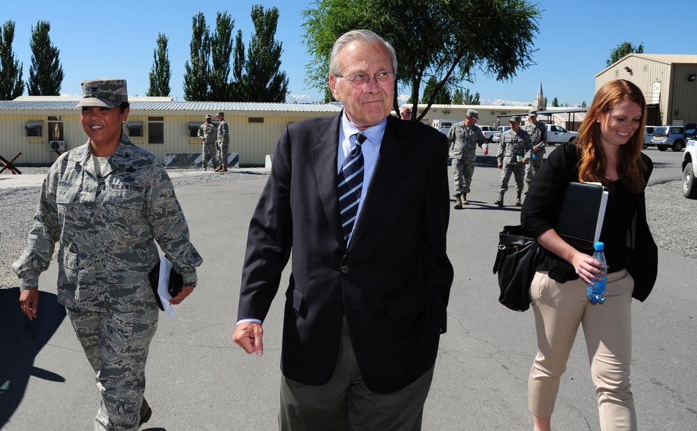 Former Secretary of Defense Donald Rumsfeld tours Transit Center at Manas