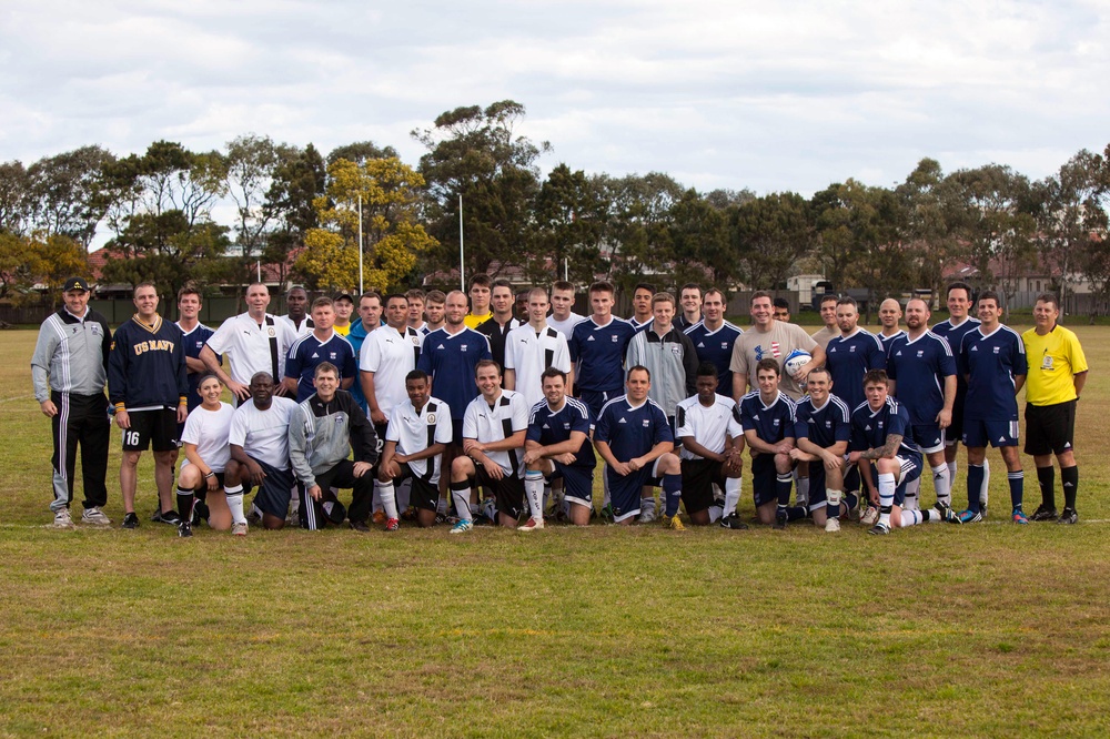 A couple of ‘friendlies’ amongst friends: U.S. Marines and Sailors square off against Australian Navy teams in rugby, soccer
