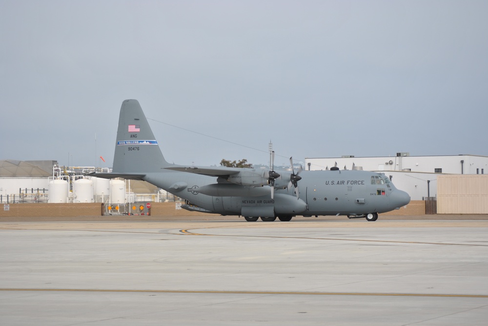 C-130 Nevada Air National Guard High Rollers lands on North Island NAB, Calif.