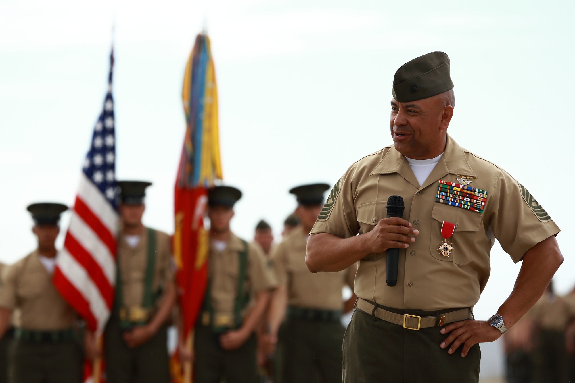 Sgt. Maj. Carlos A. Ruiz, Force Sergeant Major, Marine Forces Reserve  (MARFORRES), receives the first shot of the Moderna COVID-19 vaccination at  Marine Corps Support Facility New Orleans, Mar. 2, 2021. MARFORRES