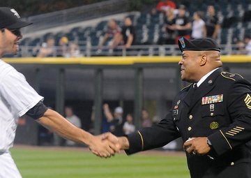 U.S. Army soldier meets Chicago White Sox outfielder during a 9/11 home game