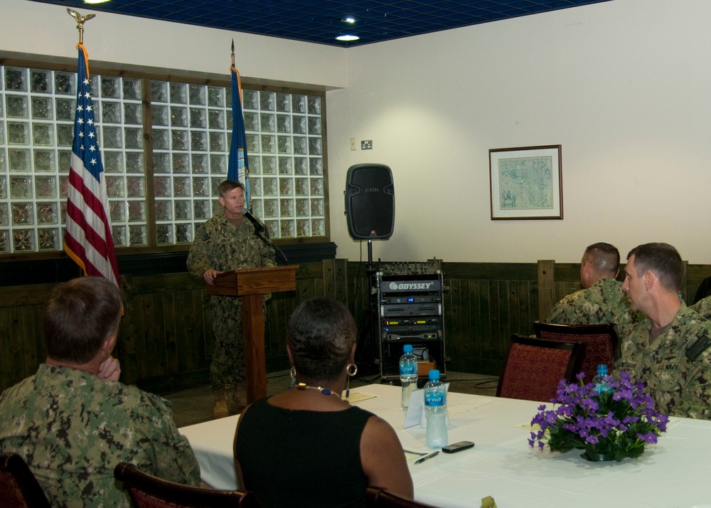 NAVCENT's Rear Adm. Loeblein at an ombudsman appreciation luncheon