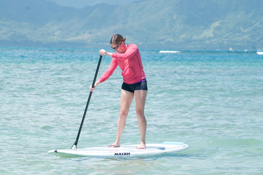 Hop on board for safely stand-up paddling on base