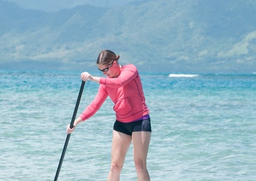 Hop on board for safely stand-up paddling on base
