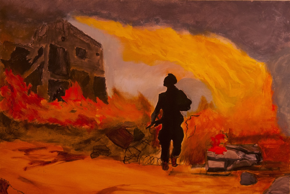 Lone Marine emerges from a wall of fire in art painted by group of combat veterans