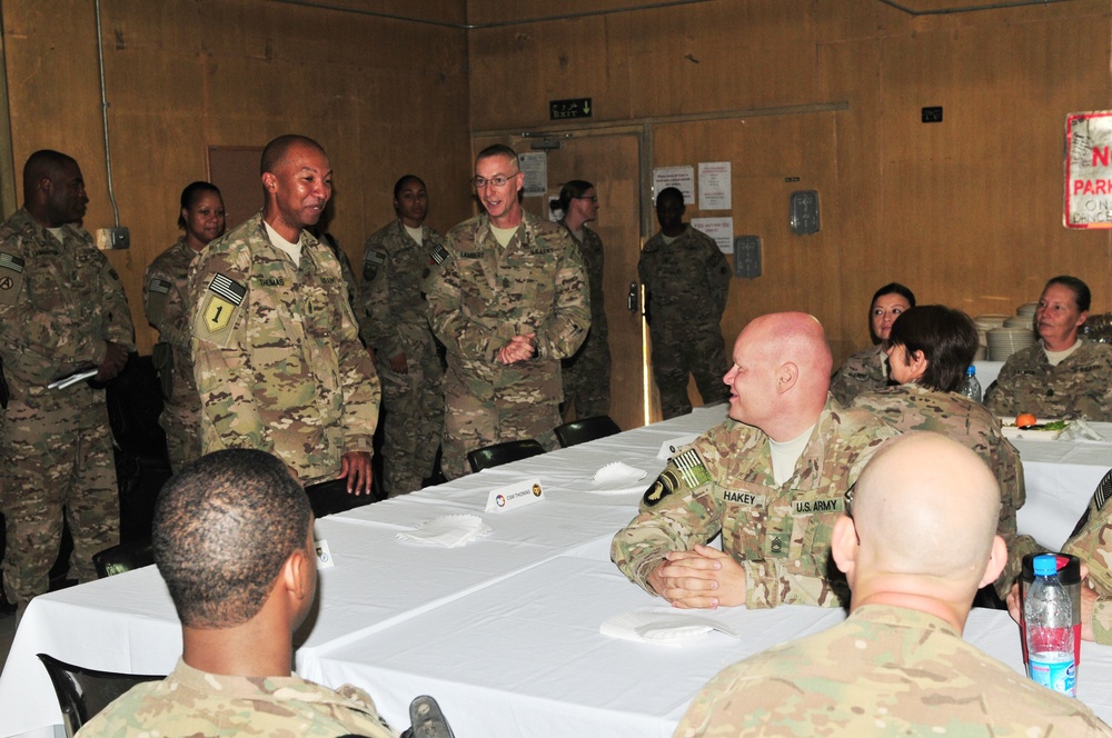 United States Army Reserve command sergeant major visits soldiers of the 1st TSC at New Kabul Compound, Afghanistan