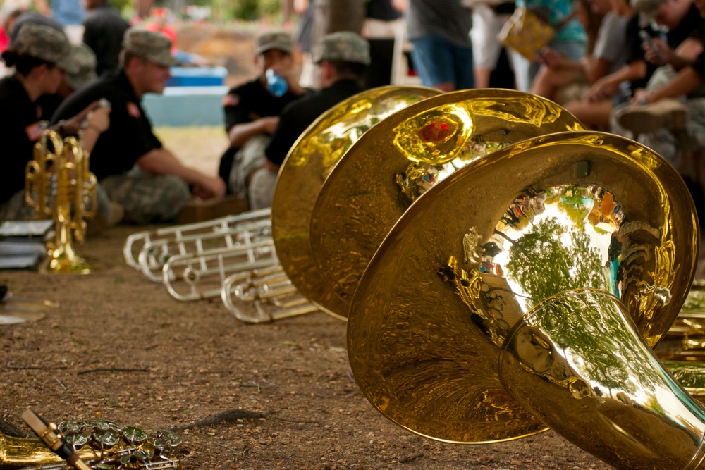US Military Academy Cadet Spirit Band's instruments at rest
