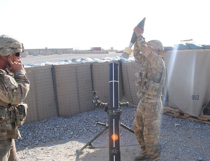 Centaurs perform 120mm mortar fire exercise on FOB Spin Boldak