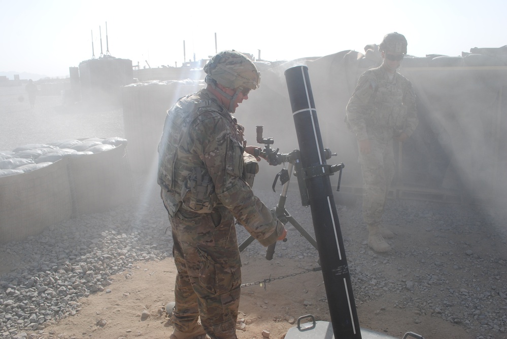 Centaurs perform 120mm mortar fire exercise on FOB Spin Boldak