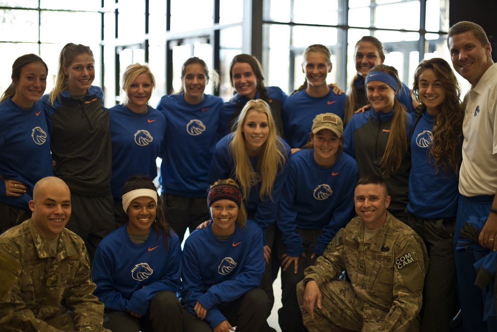 BSU Broncos visit Idaho Base, learn combat saga, teach clinic