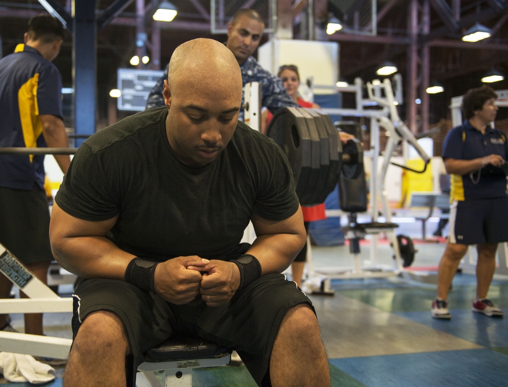 Bench press competition at the wearhouse gym on Naval Air Station North Island.