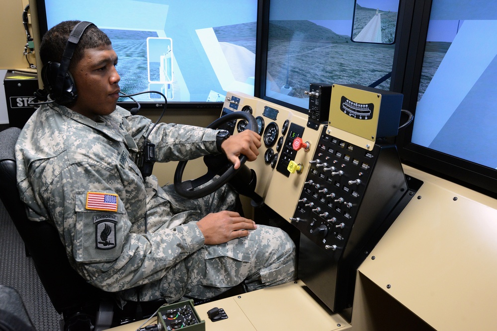 G-Battery, 4-319th Airborne Field Artillery Regiment (AFAR) performs drivers training in the Training Support Activity Europe's (TSAE) Virtual Clearance Training Suite