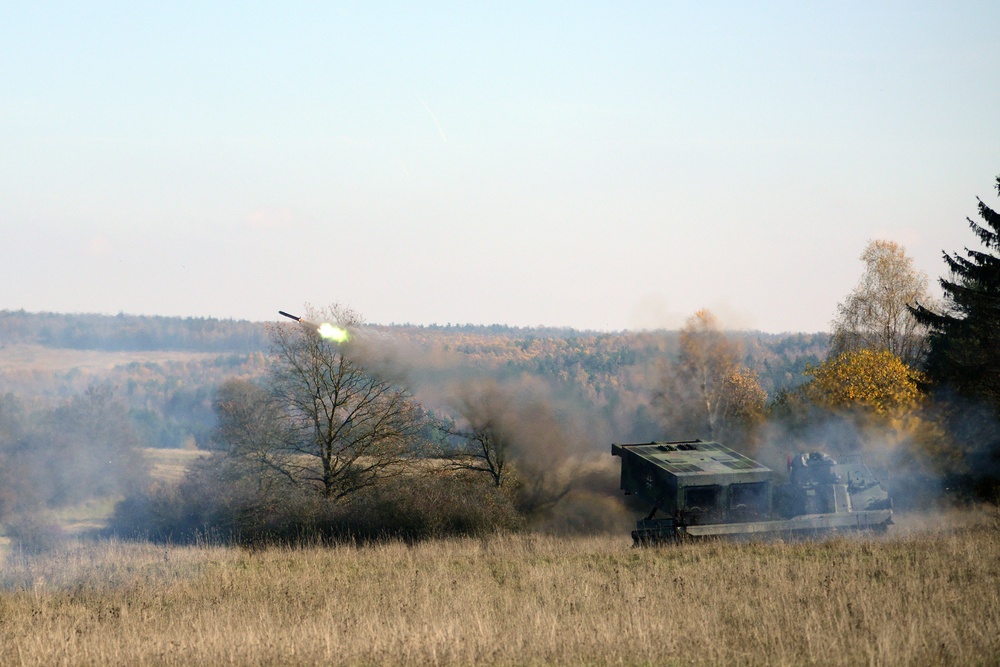 German Army soldiers assigned to 3/132 Rocket Artillery Battalion fire  Multiple Launch Rocket Systems