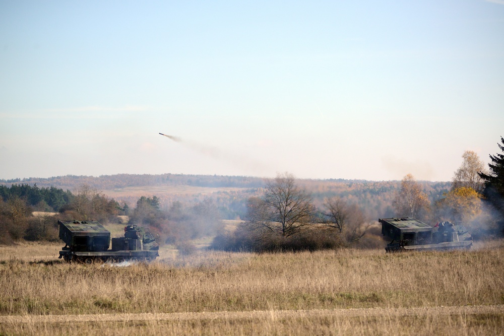 German Army soldiers assigned to 3/132 Rocket Artillery Battalion fire  Multiple Launch Rocket Systems