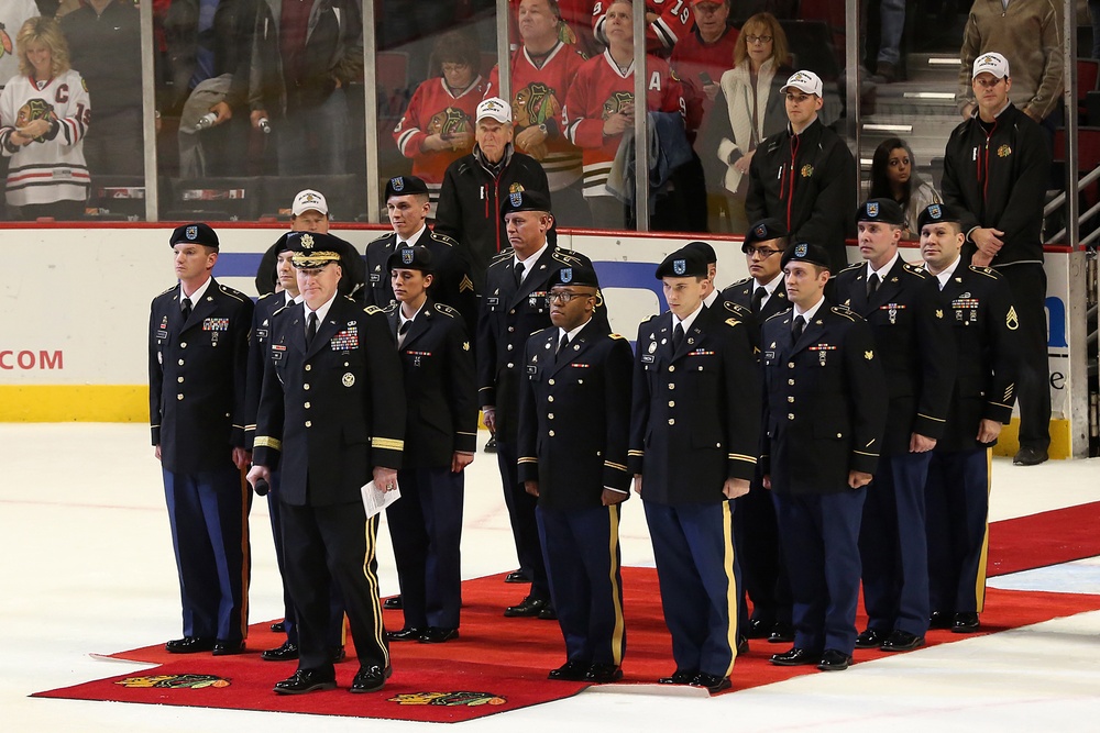 Army Reserve unit receives farewell at Blackhawks game before deployment to Afghanistan