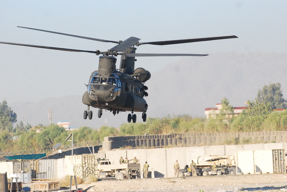 10th Combat Aviation Brigade CH-47 Chinook helicopters provide heavy lift capabilities over eastern Afghanistan