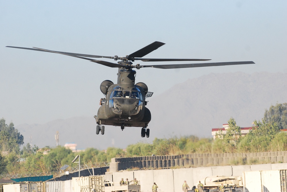 10th Combat Aviation Brigade CH-47 Chinook helicopters provide heavy lift capabilities over eastern Afghanistan