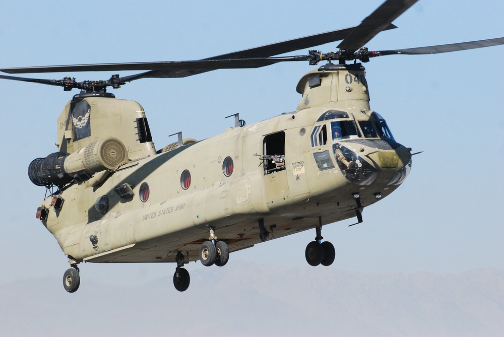 10th Combat Aviation Brigade CH-47 Chinook helicopters provide heavy lift capabilities over eastern Afghanistan
