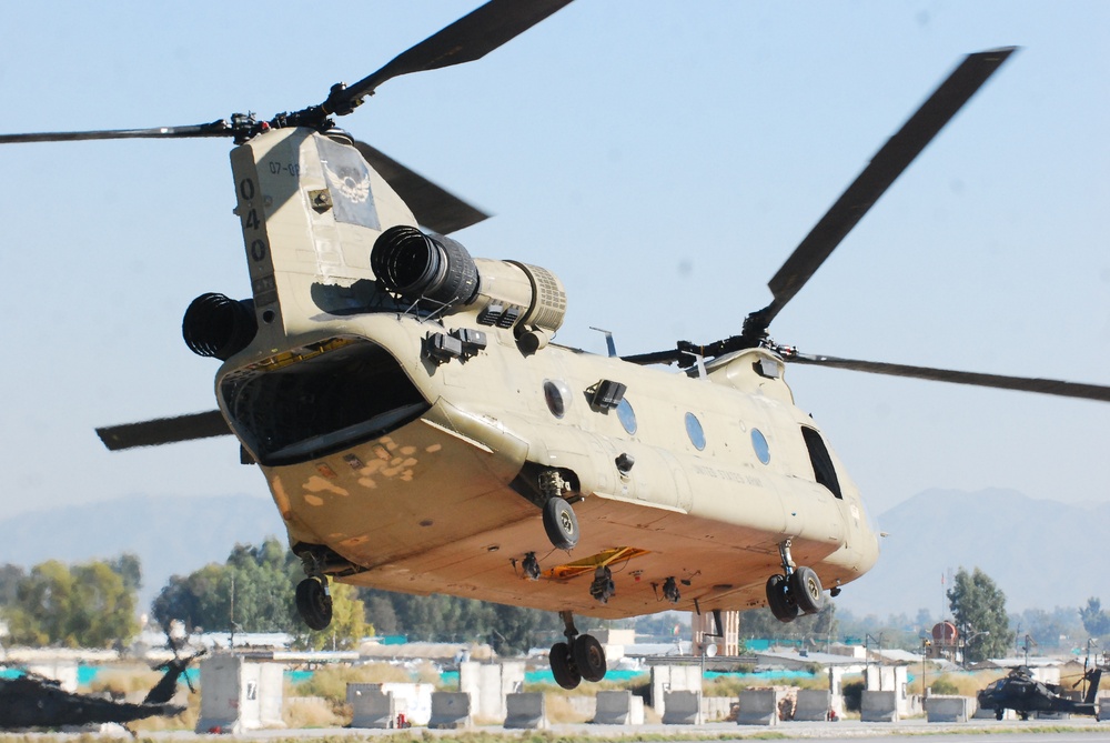 10th Combat Aviation Brigade CH-47 Chinook helicopters provide heavy lift capabilities over eastern Afghanistan