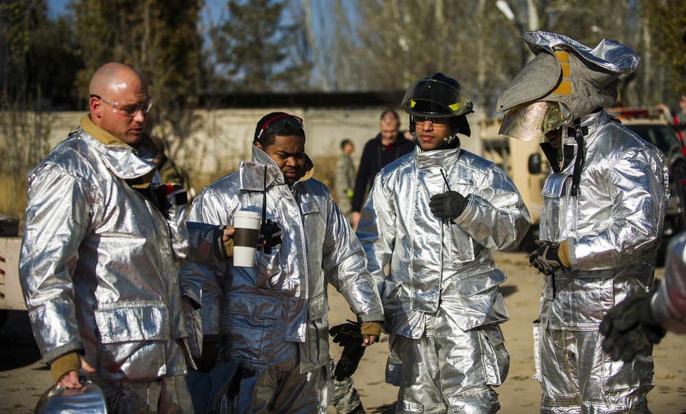 376th Air Expeditionary Wing performs joint vehicle training with Transit Center Manas Airport firefighters