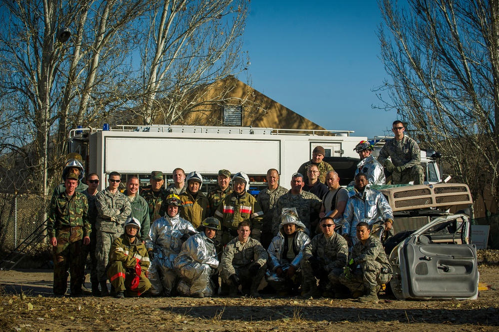 376th Air Expeditionary Wing performs joint vehicle training with Transit Center Manas Airport firefighters