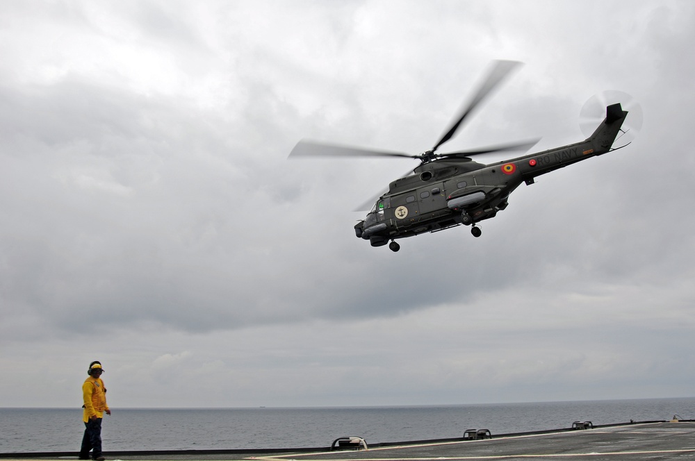 Helicopter takes off from USS Mount Whitney