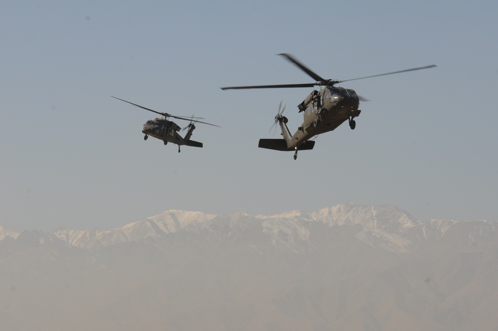 UH-60 Black Hawk helicopters return from mission