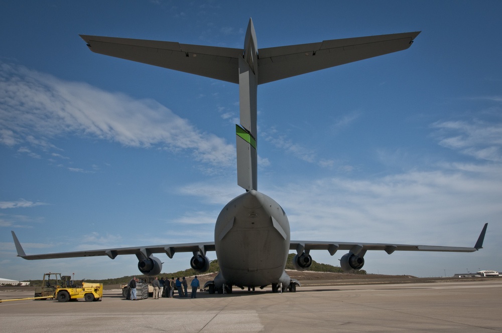 C-17 waits to be unloaded on the flight line