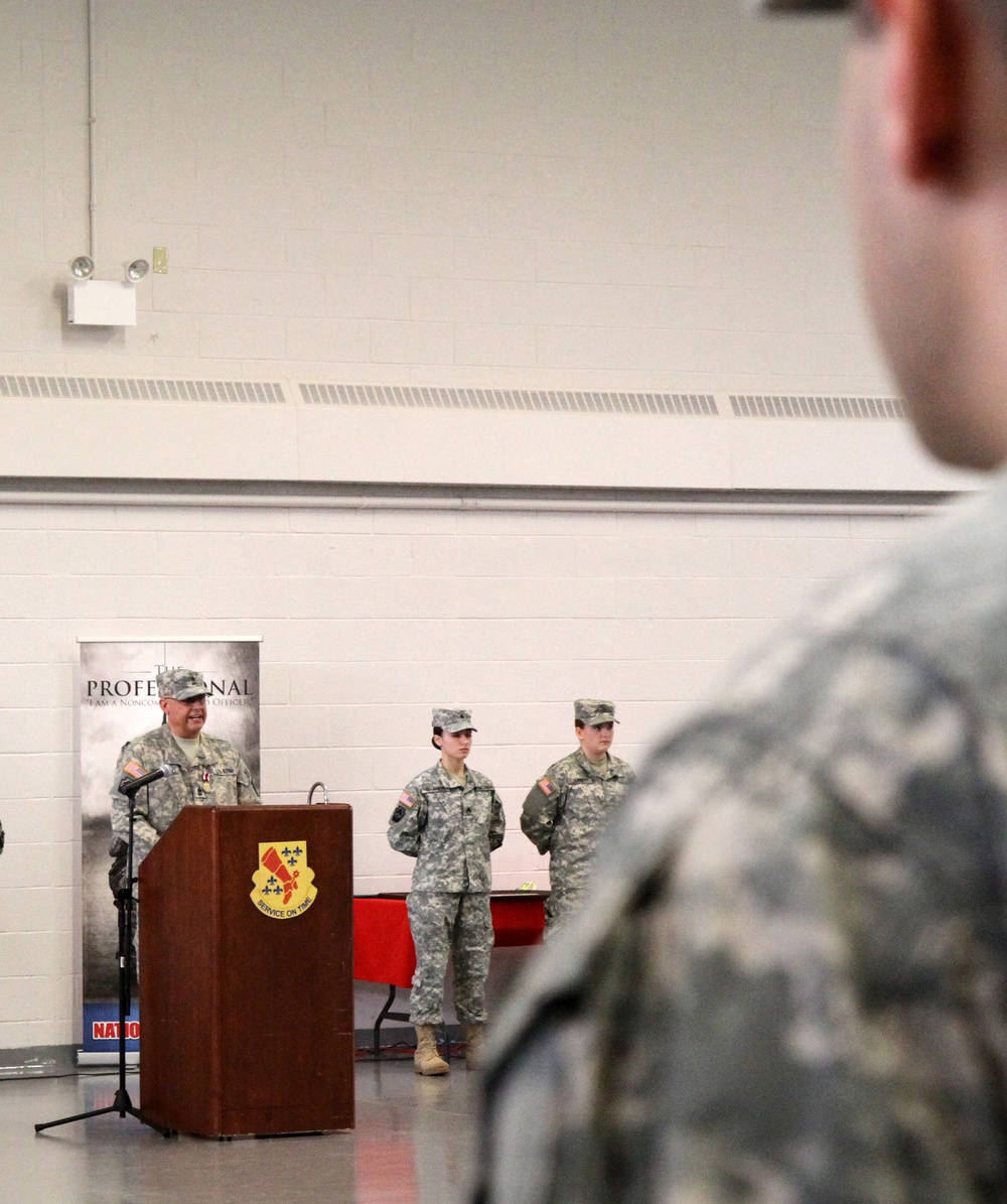 Command Sgt. Maj. Anthony F. Mainiero addresses the 728th Combat Sustainment Support Battalion during a Change Of Responsibility ceremony