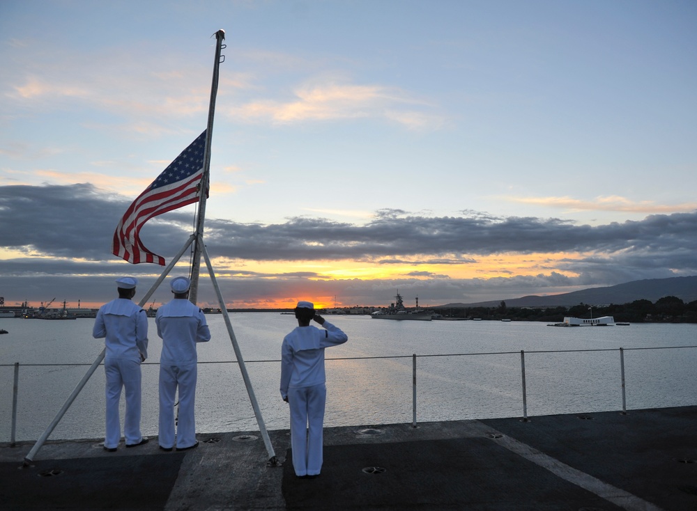 USS Nimitz evening colors
