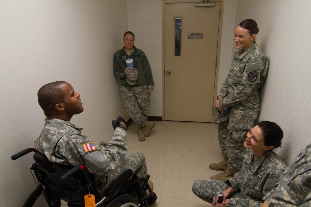 Gregory speaks to soldiers his first day back