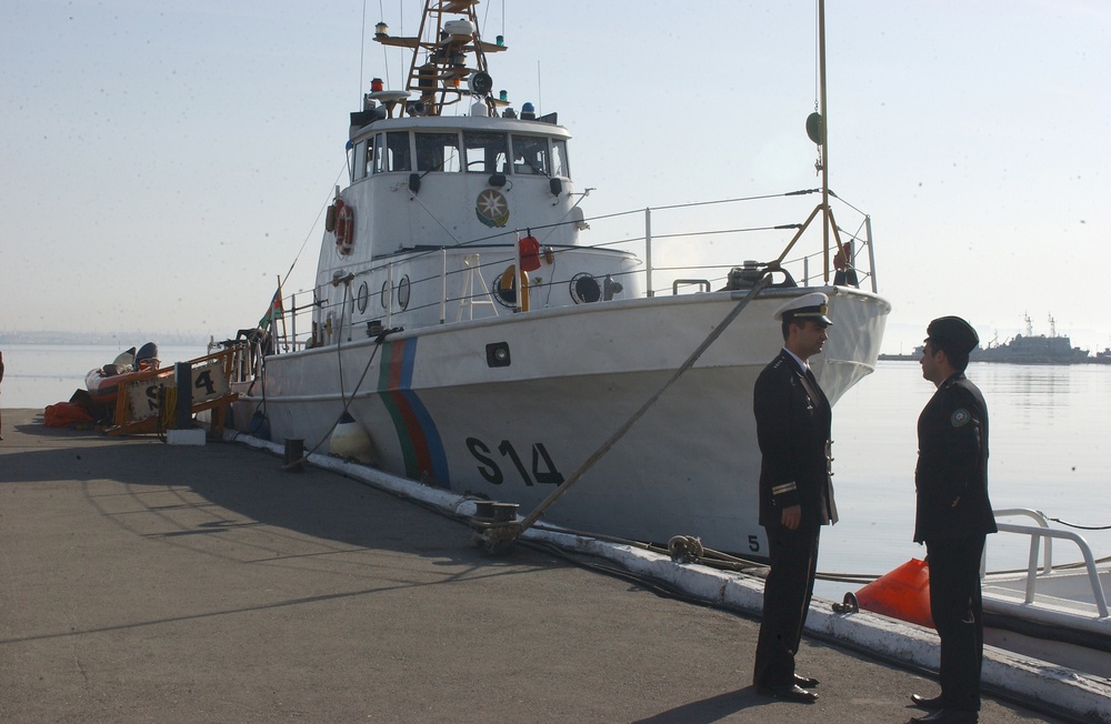 US Coast Guard 82-foot patrol boat lies at anchor