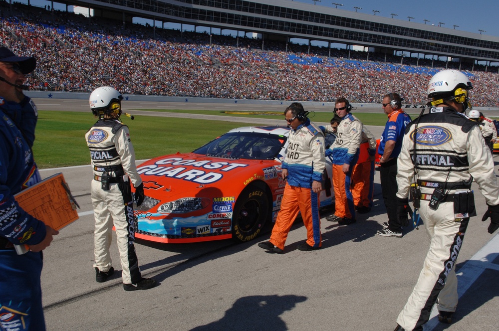 Coast Guard sponsored number 44 car during NASCAR O'Reilly Challenge