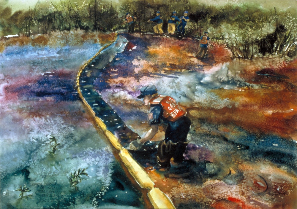 US Coast Guard Art Program 2000 Collection, Ob ID # 200025, &quot;Containing an oil spill Hurricane Floyd USCG  and  FEMA ,&quot; Elisse Goldstein  (25 of 65)