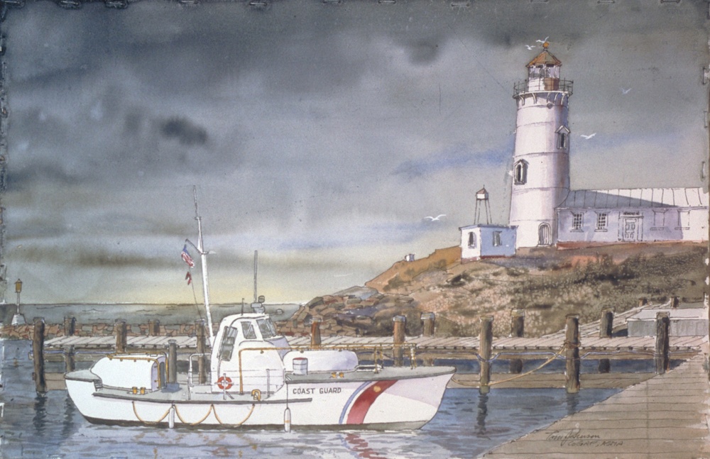 US Coast Guard Art Program 2000 Collection, Ob ID # 200046, &quot;Coast Guard and Lighthouse,&quot; Thomas Johnson (46 of 65)