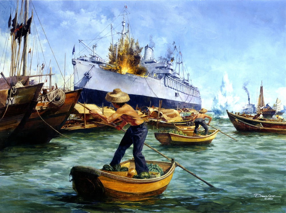 Depiction of 8 Dec. '41 Attack on CG-manned Transport USS Wakefield at Singapore by Dennis Lyall