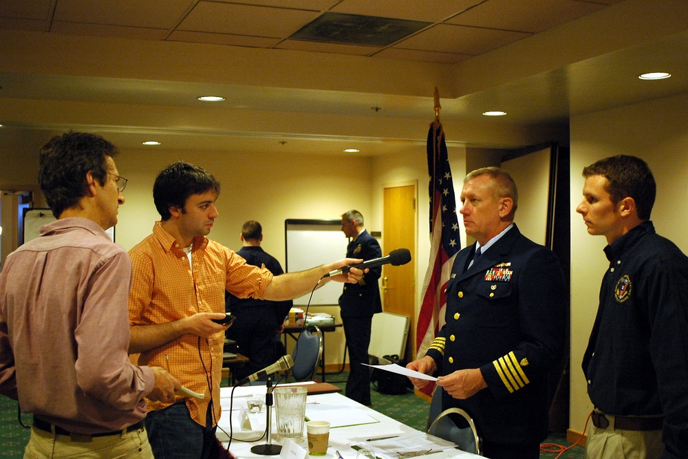 CAPT. RAND, MR. LARUE OF MARINE BOARD OF INVESTIGATION SPEAK TO THE MEDIA