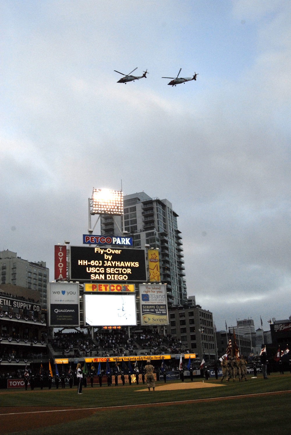 San Diego's Jayhawk helicopters fly over Petco Park