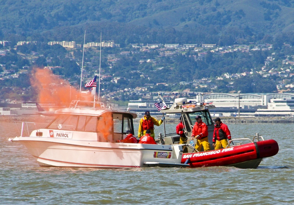 South San Francisco Fire Department fire boat comes to the aid of the &quot;burning&quot; Auxiliary vessel &quot;Lifesavers
