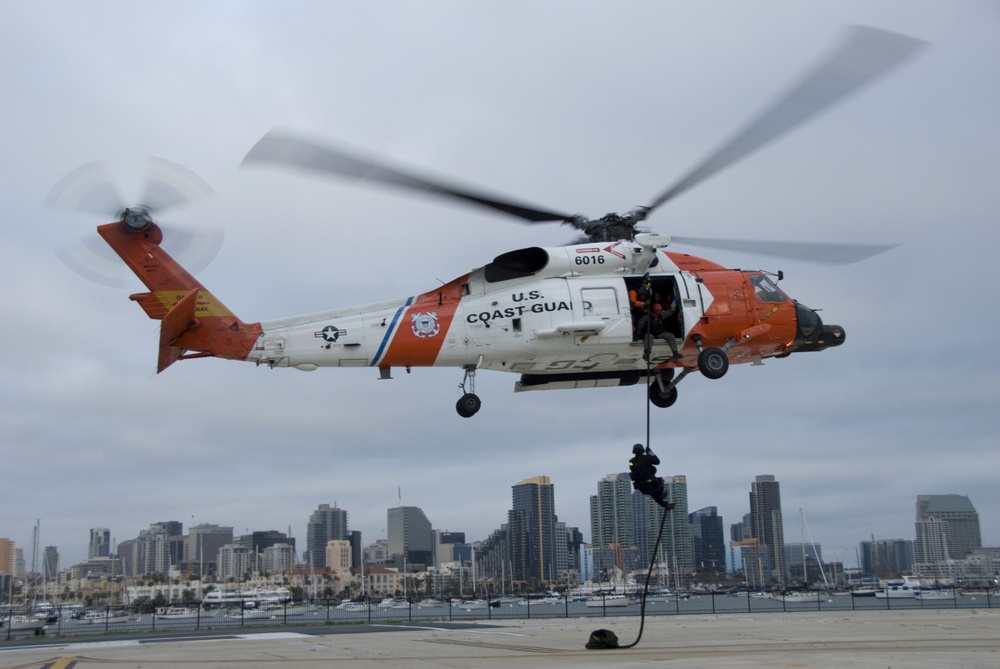 Fast roping from an MH-60J Jayhawk helicopter