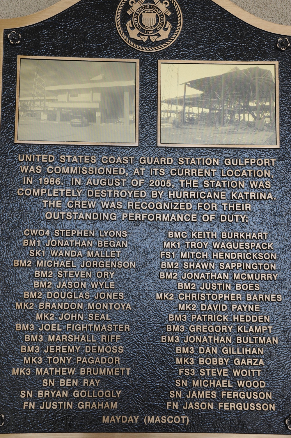 Station Gulfport memorial plaque