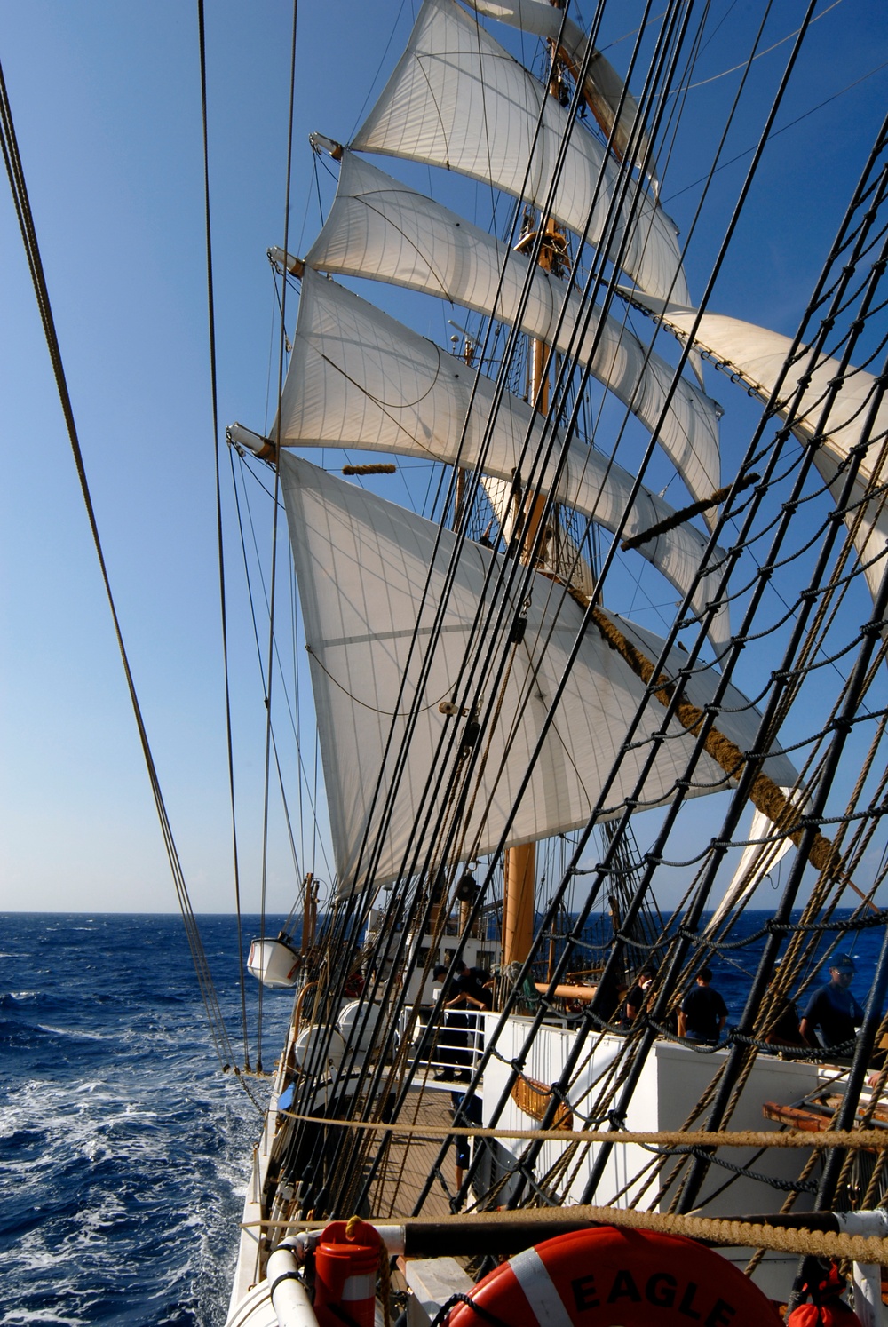 View from the bow of USCGC Eagle under full sail