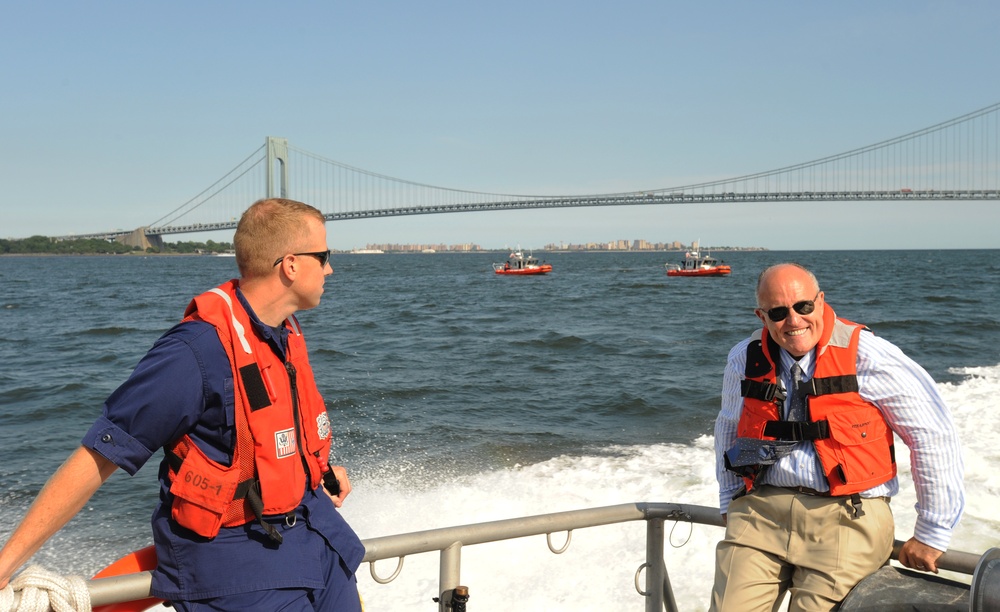 Giuliani rides on  a Coast Guard 45-foot response boat