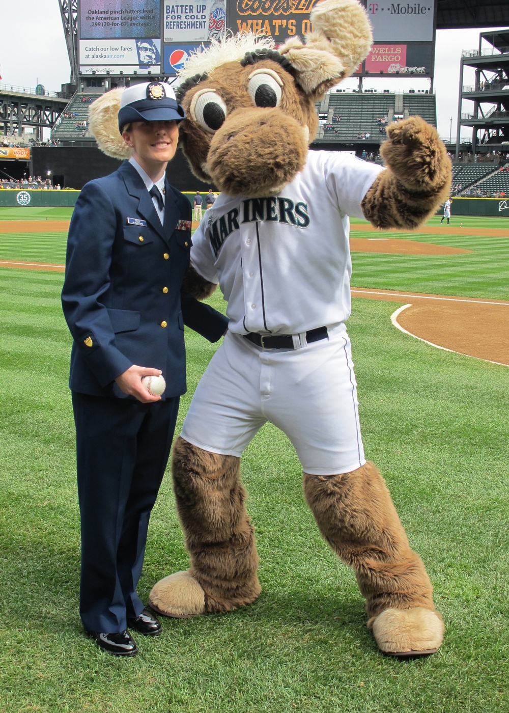 The Mariner Moose, mascot of the Seattle Mariners, poses during