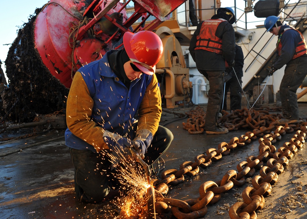 Coast Guard Cutter SPAR crew change out buoy mooring in Kodiak Alaska