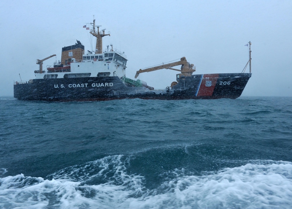 Coast Guard Cutter SPAR sails through sub-zero temperature seas