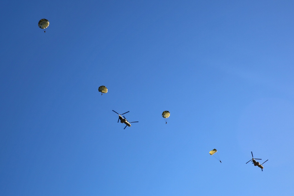 Air Delivery Platoon parachutes from CH-46s