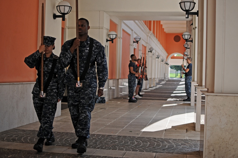 Color guard drill practice at NSA Naples