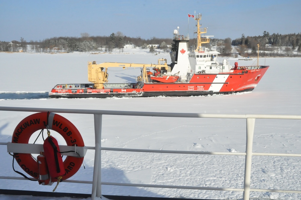 USCGC Mackinaw breaks ice with CCGS Samuel Risley